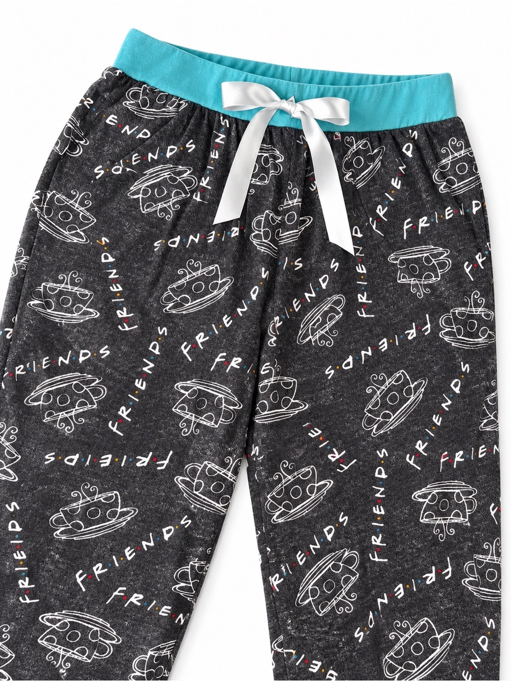 FRIENDS Black Pajama Pants with Teal Waistband and White Bow